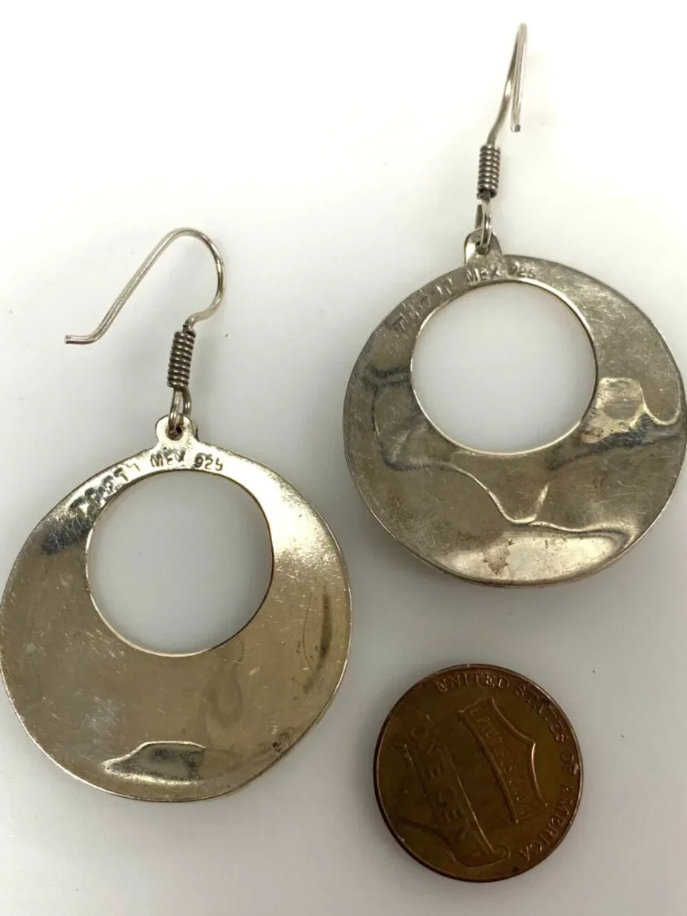 m945 Vintage Sterling Silver Mexican Modernist Dangle Hoop Earrings Abalone Shel